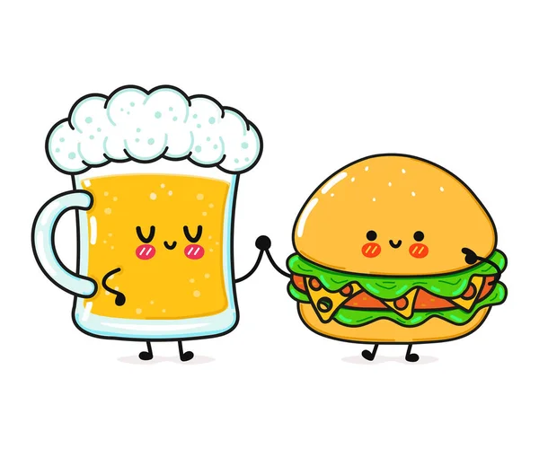 Sevimli, komik, mutlu hamburger ve bira. Vektör el çizimi çizgi film kawaii karakterleri, illüstrasyon simgesi. Komik çizgi film hamburgeri ve bira maskotu karakter kavramı — Stok Vektör