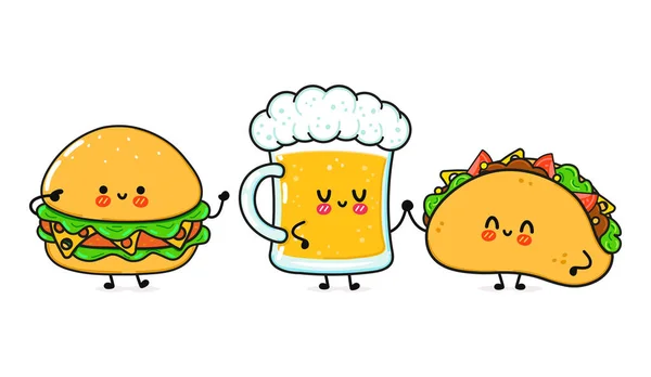 Χαριτωμένο, αστείο ποτήρι μπύρας, τάκο και χάμπουργκερ. Διάνυσμα χέρι ζωγραφισμένα χαρακτήρες κινουμένων σχεδίων Kawaii, εικονίδιο απεικόνισης. Αστεία κινουμένων σχεδίων ποτήρι μπύρα taco και χάμπουργκερ μασκότ φίλους έννοια — Διανυσματικό Αρχείο