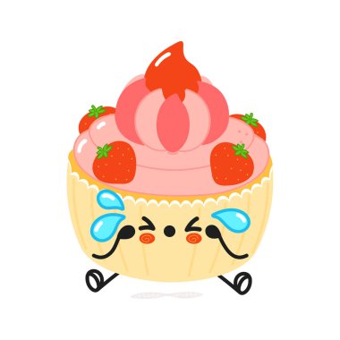 Sevimli üzgün pasta karakteri. Vektör el çizimi çizgi film kawaii karakter çizimi simgesi. Beyaz arka planda izole edilmiş. Üzgün pasta karakteri konsepti