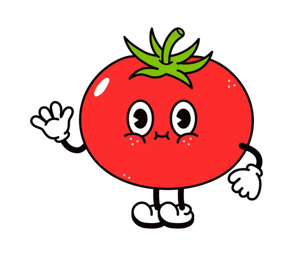 Leuke grappige tomaat zwaaiende hand karakter. Vector hand getekend traditionele cartoon vintage, retro, kawaii karakter illustratie pictogram. Geïsoleerd op witte achtergrond. Begrip "tomatenkarakter" — Stockvector