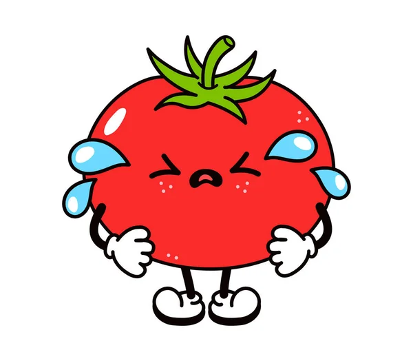 Roztomilá legrační smutná rajčatová postava. Vektor ručně kreslené tradiční karikatura vintage, retro, kawaii znak ilustrace ikona. Izolované na bílém pozadí. Cry rajčatový znak koncept — Stockový vektor