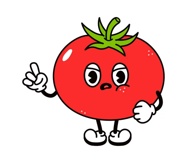 Roztomilá smutná rajčatová postava. Vektor ručně kreslené tradiční karikatura vintage, retro, kawaii znak ilustrace ikona. Izolované na bílém pozadí. Rozzlobený rajčatový charakter — Stockový vektor