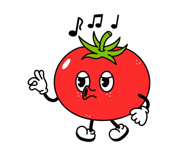 Lucu lucu tomato berjalan karakter bernyanyi. Vektor tangan ditarik tradisional kartun vintage, retro, kawaii karakter ikon ilustrasi. Terisolasi di latar belakang putih. Tomat berjalan dan bernyanyi karakter - Stok Vektor