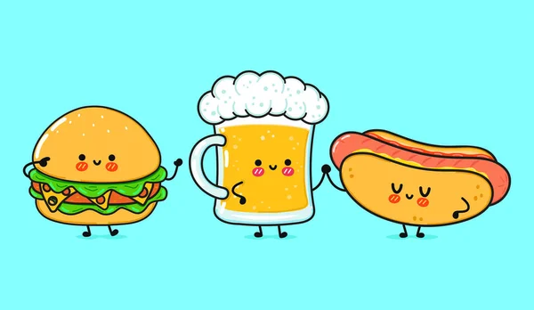 Cute Funny Happy Glass Beer Hot Dog Hamburger Vector Hand — Stock Vector