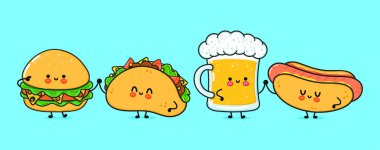 Sevimli, neşeli bir bardak bira, sosisli ve hamburger. Vektör el çizimi çizgi film kawaii karakterleri, illüstrasyon simgesi. Komik bir çizgi film bardağı bira, sosisli sandviç, hamburger, tako maskot arkadaşlar konsepti.
