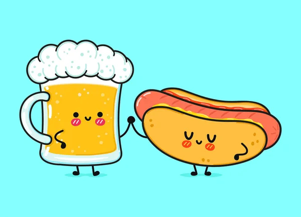 Słodka Zabawna Szczęśliwa Szklanka Piwa Hot Doga Wektor Ręcznie Rysowane — Wektor stockowy