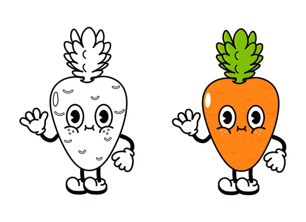 Cute Funny Carrot Waving Hand Character Outline Cartoon Illustration Coloring — Stock Vector