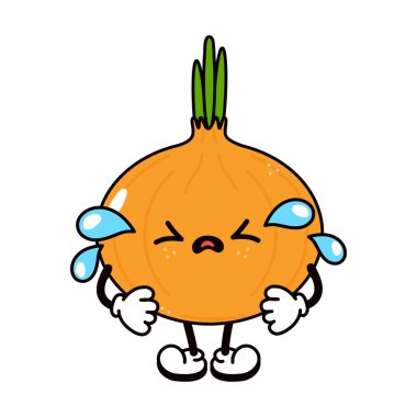 Şirin, ağlayan, üzgün soğan karakteri. Vektör el geleneksel çizgi film klasiği, retro, kawaii karakter çizimi ikonu çizdi. Beyaz arka planda izole edilmiş. Ağlayan soğan karakteri konsepti