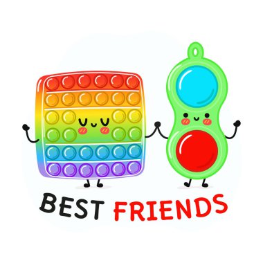 Komik, mutlu, neşeli bir kart ve basit gamzeli karakterler. Vektör el çizimi karikatür karakter çizim simgesi tasarımı. En iyi arkadaş kartı ile şirin pop it ve basit maskot karakter koleksiyonu