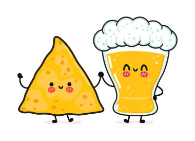 Şirin, mutlu bir bardak bira ve nachos. Vektör el çizimi çizgi film kawaii karakterleri, illüstrasyon simgesi. Komik bir bardak bira ve nachos maskotu arkadaş konsepti.