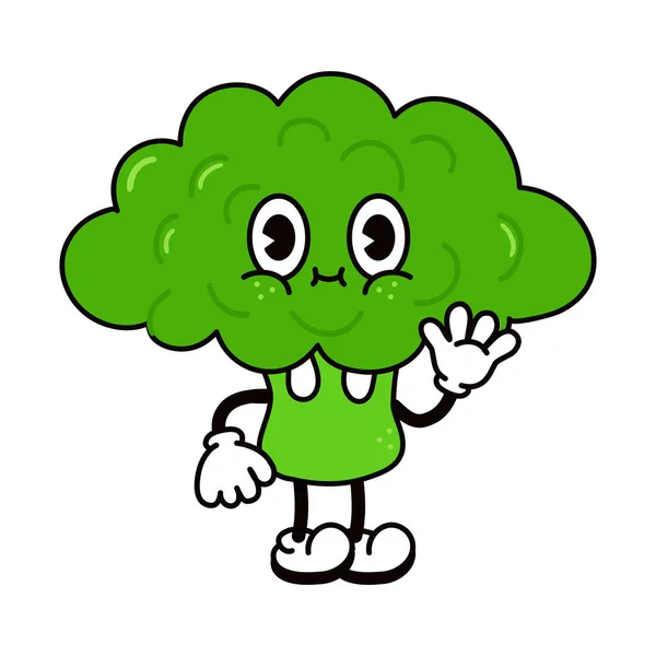 Leuke Grappige Broccoli Zwaaiende Hand Karakter Vector Hand Getekend Traditionele — Stockvector