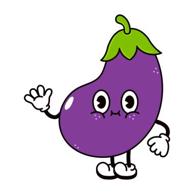 El sallayan sevimli patlıcan karakteri. Vektör el geleneksel çizgi film klasiği, retro, kawaii karakter çizimi ikonu çizdi. Beyaz arka planda izole edilmiş. Mutlu patlıcan karakteri