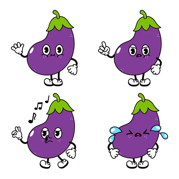 Funny Happy Eggplant Characters Bundle Set Vector Hand Drawn Doodle — Stock Vector