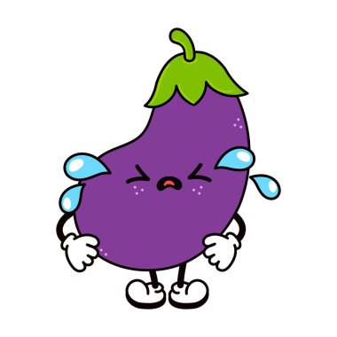 Komik, mutlu patlıcan karakterleri seti. Vektör el karalama stili geleneksel çizgi film klasiği, retro karakter çizimi tasarımı. İzole edilmiş beyaz arka plan. Şirin patlıcan maskotu karakteri