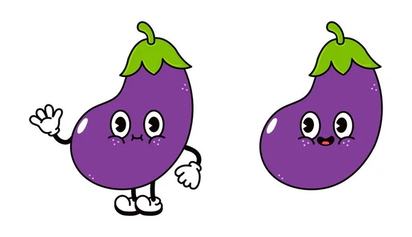 Cute Funny Eggplant Character Vector Hand Drawn Traditional Cartoon Vintage — Vector de stock