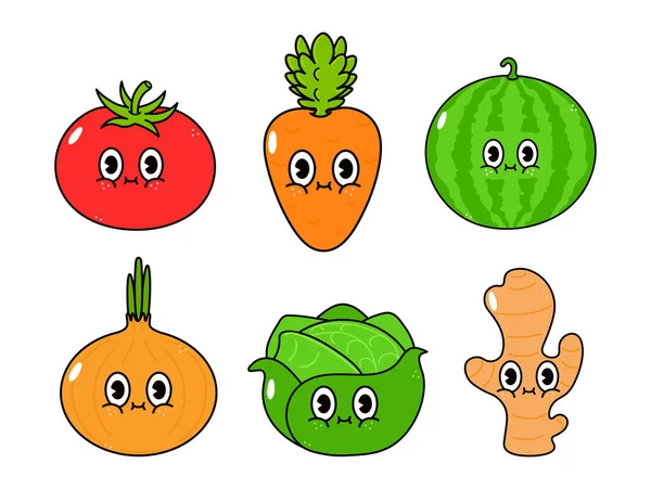 Funny Cute Happy Vegetables Characters Bundle Set Vector Hand Drawn — Vetor de Stock