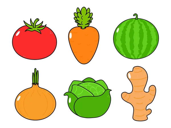 Funny Cute Happy Vegetables Characters Bundle Set Vector Hand Drawn — Stok Vektör