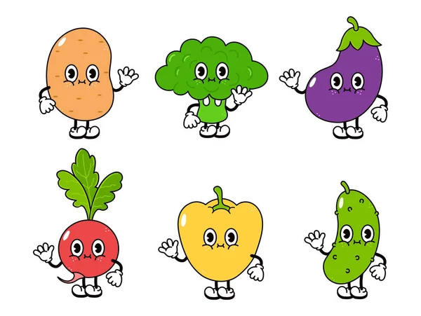 Funny Cute Happy Vegetables Characters Bundle Set Vector Hand Drawn — Stockvektor