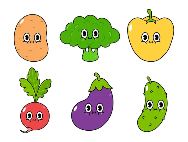 Funny Cute Happy Vegetables Characters Bundle Set Vector Hand Drawn — Vetor de Stock