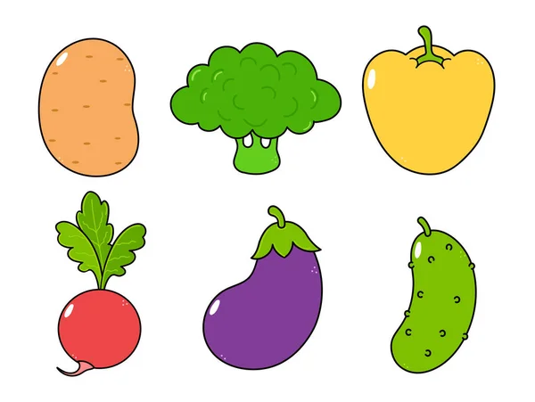 Divertido Lindo Feliz Verduras Personajes Paquete Conjunto Vector Dibujado Mano — Vector de stock