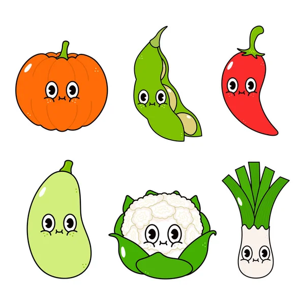 Lustige Süße Glückliche Gemüse Charaktere Bündel Set Vector Handgezeichnete Karikatur — Stockvektor