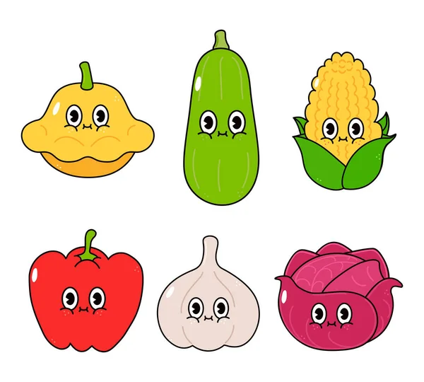 Divertido Lindo Feliz Verduras Personajes Paquete Conjunto Vector Dibujado Mano — Vector de stock