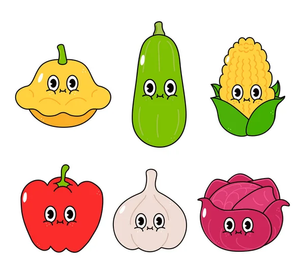 Funny Cute Happy Vegetables Characters Bundle Set Vector Hand Drawn — Stok Vektör