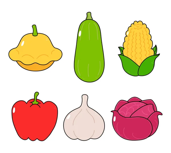 Lustige Süße Glückliche Gemüse Charaktere Bündel Set Vector Handgezeichnete Zeichentrickfigur — Stockvektor