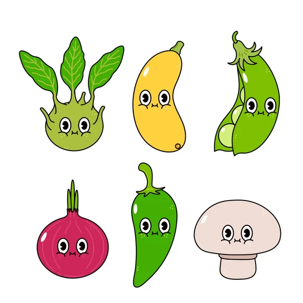 Funny Cute Happy Vegetables Characters Bundle Set Vector Hand Drawn — Vetor de Stock