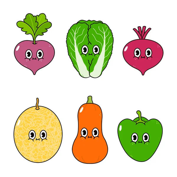 Funny Cute Happy Vegetables Characters Bundle Set Vector Hand Drawn — Stok Vektör