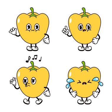 Komik mutlu biber karakterleri seti. Vektör el çizimi karalama tarzı geleneksel çizgi film klasiği, retro karakter çizim ikonu tasarımı. İzole edilmiş beyaz arka plan. Sevimli biber maskotu karakteri