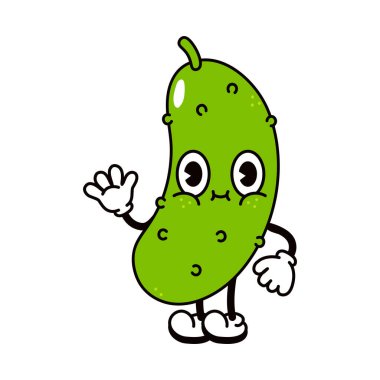 Cute funny cucumber waving hand character. Vector hand drawn traditional cartoon vintage, retro, kawaii character illustration icon. Isolated on white background. Happy cucumber character concept