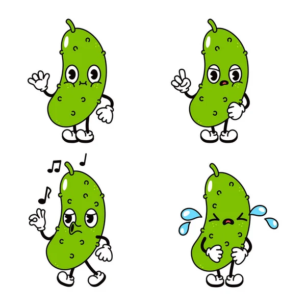 Funny Happy Cucumber Characters Bundle Set Vector Hand Drawn Doodle — Stock Vector