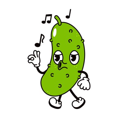 Cute funny cucumber walking singing character. Vector hand drawn traditional cartoon vintage, retro, kawaii character illustration icon. Isolated background. Happy cucumber walk sing character concept