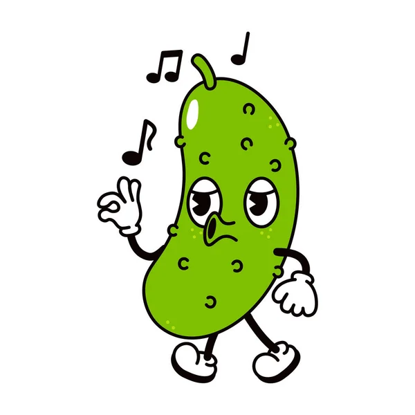 Cute Funny Cucumber Walking Singing Character Vector Hand Drawn Traditional — Vetor de Stock