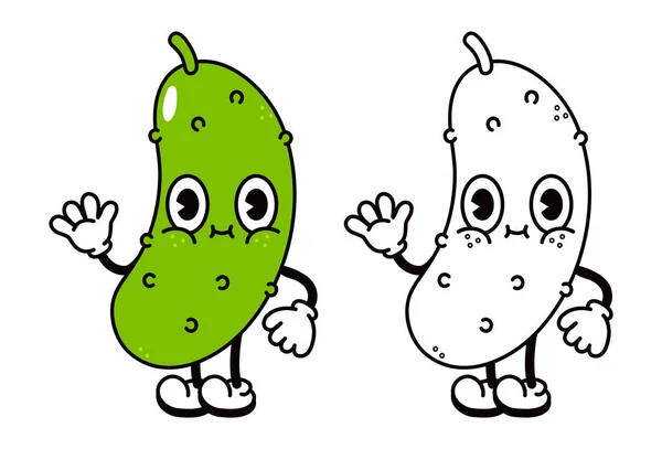Cute Funny Cucumber Waving Hand Character Outline Cartoon Illustration Coloring — стоковый вектор