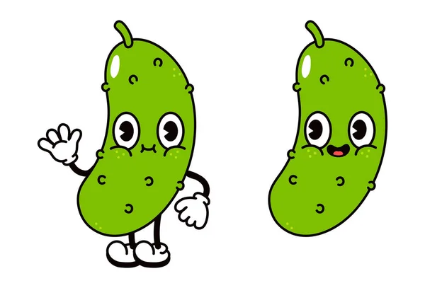 Cute Funny Cucumber Character Vector Hand Drawn Traditional Cartoon Vintage — Vetor de Stock