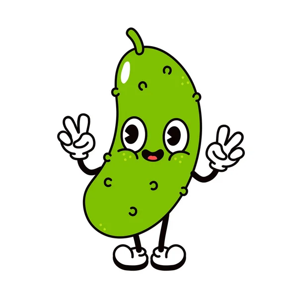 Cute Funny Smiling Cucumber Waving Hand Character Vector Hand Drawn —  Vetores de Stock