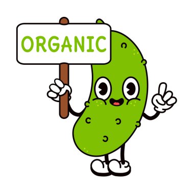 Üzerinde organik yazılar olan şirin, komik bir salatalık. Vektör el geleneksel çizgi film klasiği, retro, kawaii karakter çizimi ikonu çizdi. İzole edilmiş beyaz arka plan. Mutlu salatalık karakteri