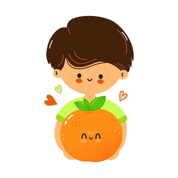 Cute Funny Boy Hold Mandarin Hand Little Boy Hugs Cute — ストックベクタ