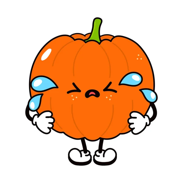 Cute Funny Crying Sad Pumpkin Character Vector Hand Drawn Traditional — Stockvektor