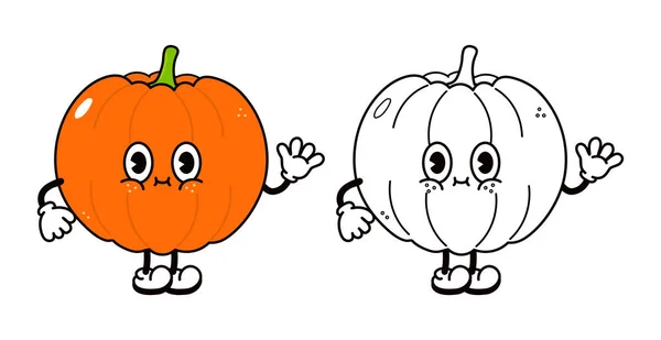 Cute Funny Pumpkin Waving Hand Character Outline Cartoon Illustration Coloring — Stock Vector