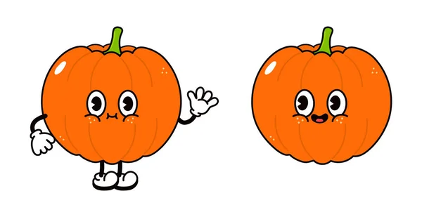 Cute Funny Pumpkin Waving Hand Character Outline Cartoon Illustration Coloring — стоковый вектор