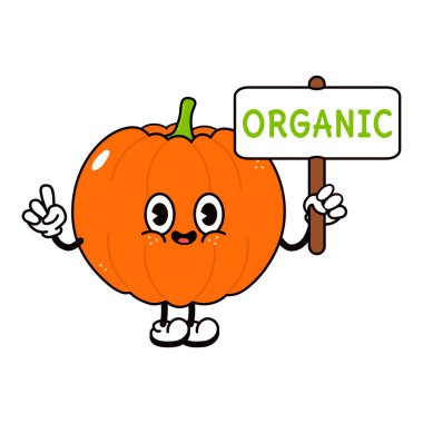 El sallayan sevimli komik balkabağı karakteri. Vektör el geleneksel çizgi film klasiği, retro, kawaii karakter çizimi ikonu çizdi. Beyaz arka planda izole edilmiş. Mutlu balkabağı karakteri konsepti