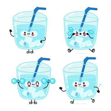 Funny cute happy glass of water characters bundle set. Vector hand drawn doodle style cartoon character illustration icon design. Cute happy glass of water mascot character collection