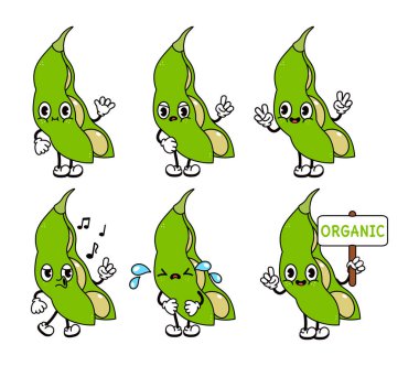 Komik fasulye karakterleri seti. Vektör el çizimi karalama tarzı geleneksel çizgi film klasiği, retro karakter çizim ikonu tasarımı. İzole edilmiş beyaz arka plan. Fasulye kabuğu maskotu karakteri