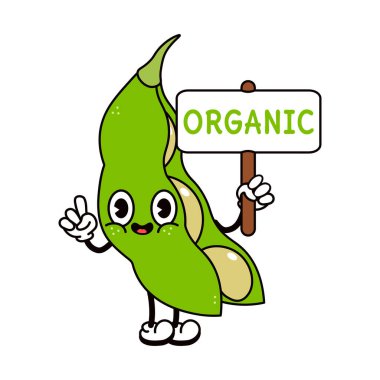 Üzerinde organik yazı olan sevimli, komik fasulyeler. Vektör el geleneksel çizgi film klasiği, retro, kawaii karakter çizimi ikonu çizdi. İzole edilmiş beyaz arka plan. Fasulye karakteri