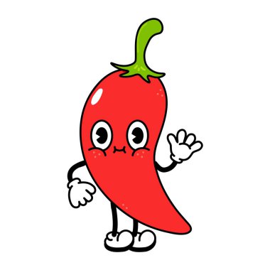 Sevimli komik kırmızı biber karakteri. Vektör el çizimi çizgi film kawaii karakter çizimi simgesi. Mavi arka planda izole edilmiş. Chili biber karakteri kavramı