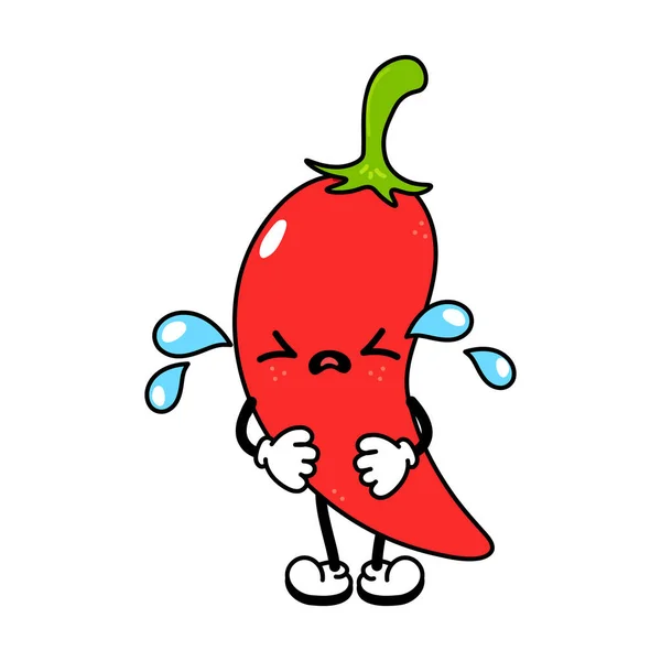 Cute Funny Crying Sad Chili Pepper Character Vector Hand Drawn —  Vetores de Stock