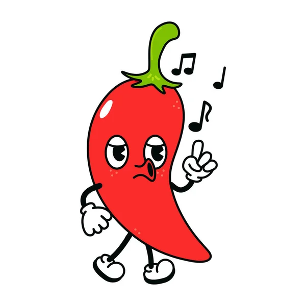Cute Funny Chili Pepper Walking Singing Character Vector Hand Drawn —  Vetores de Stock